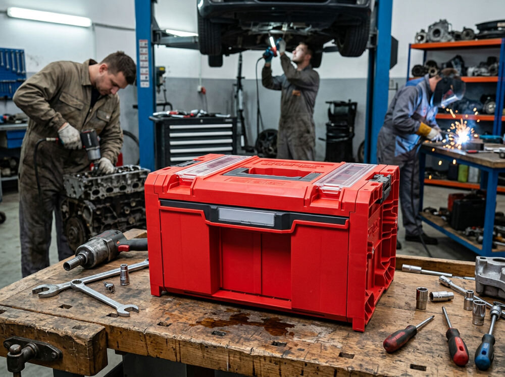 Skrzynka narzędziowa QBRICK System Pro Drawer 1 Toolbox 2.0 Profi Basic Red Ultra HD Custom, schowek, porządek, segregacja, selekcja, Czerwona skrzynka narzędziowa w warsztacie.