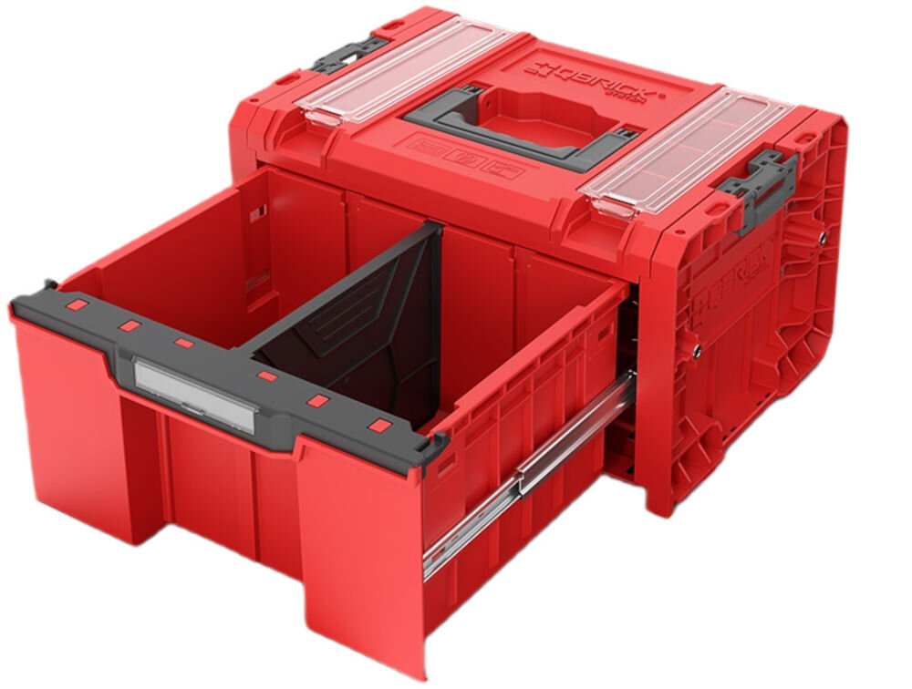 Skrzynka narzędziowa QBRICK System Pro Drawer 1 Toolbox 2.0 Profi Basic Red Ultra HD Custom, Czerwona, wytrzymała, skrzynka, narzędziowa, Wnętrze wysuniętej szuflady z czarną przegrodą.