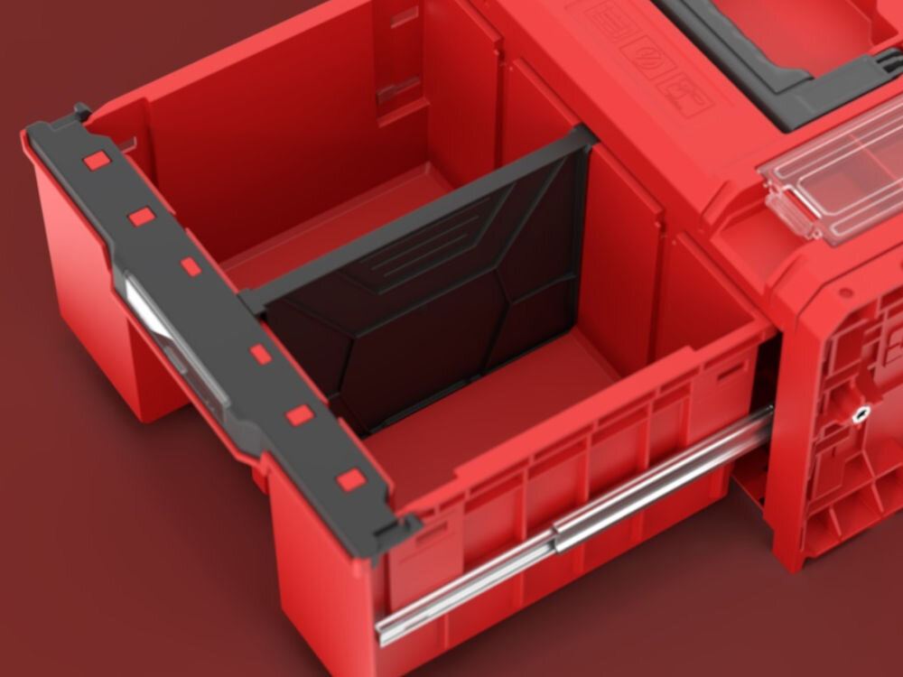 Skrzynka narzędziowa QBRICK System Pro Drawer 1 Toolbox 2.0 Profi Basic Red Ultra HD Custom, Głęboka, szuflada, metalowe, prowadnice, Czerwona skrzynka z wysuniętą, dzieloną szufladą.