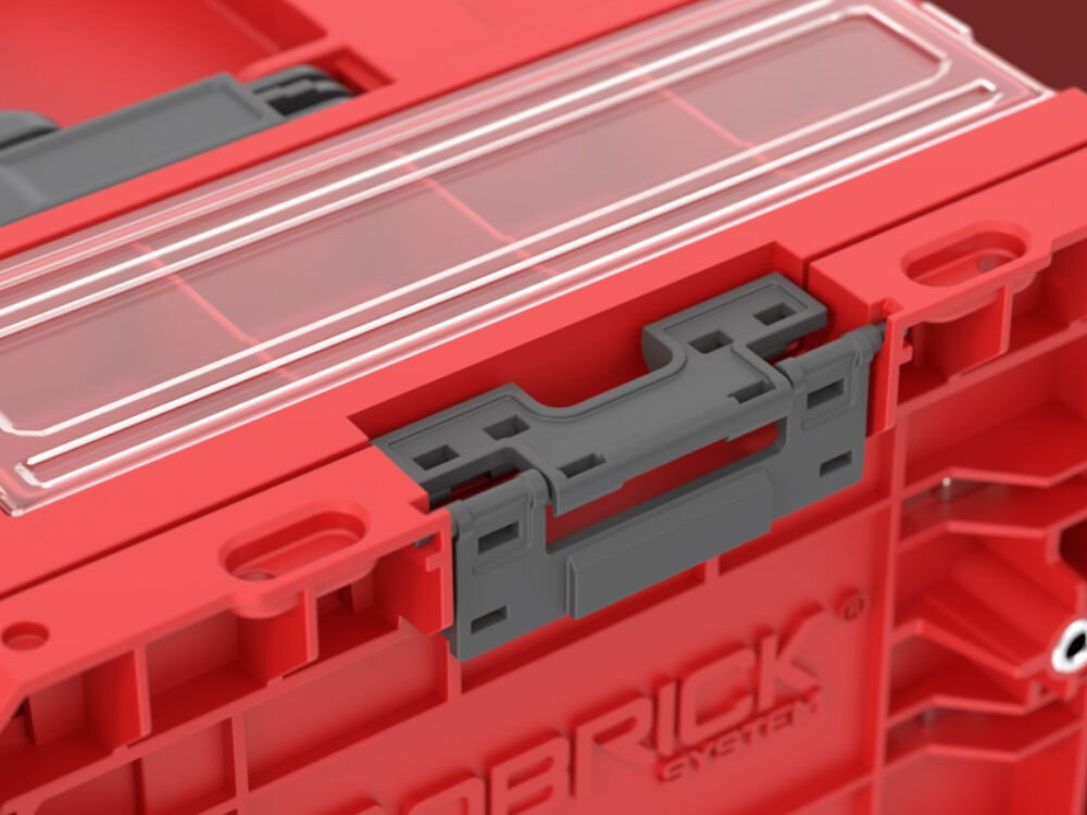 Skrzynka narzędziowa QBRICK System Pro Drawer 1 Toolbox 2.0 Profi Basic Red Ultra HD Custom, Boczne, konektory, system, modułowy, Detal bocznego łącznika modułowego.