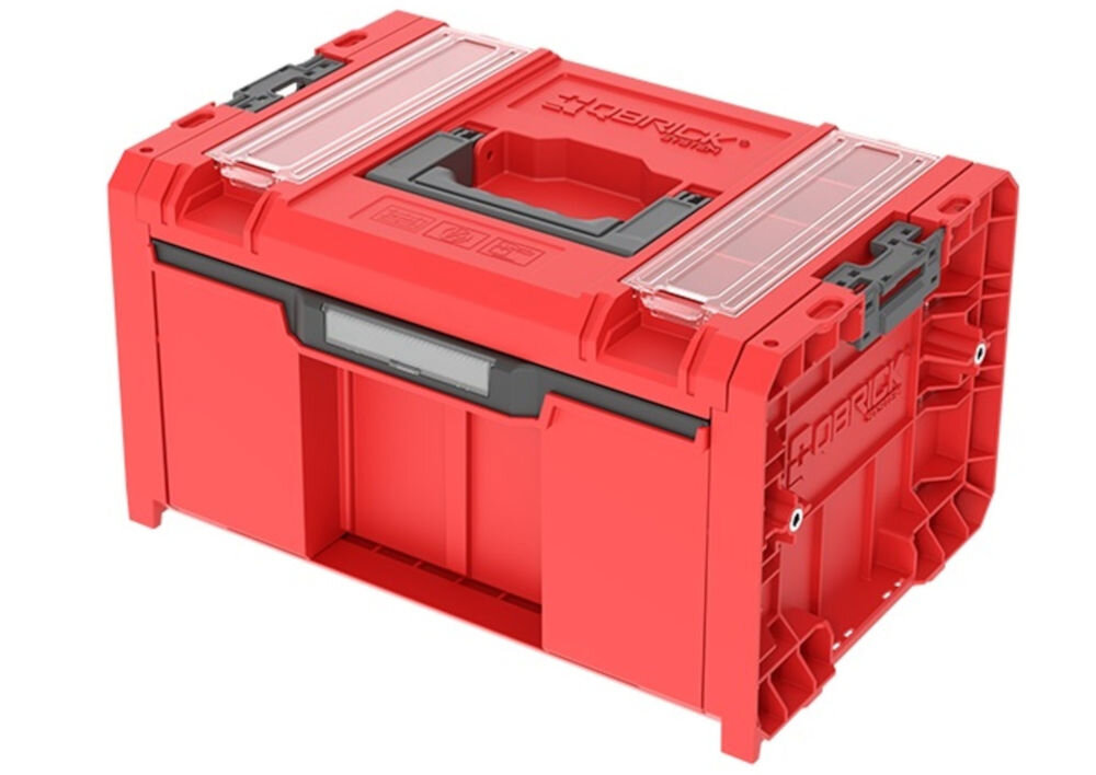 Skrzynka narzędziowa QBRICK System Pro Drawer 1 Toolbox 2.0 Profi Basic Red Ultra HD Custom, Wymiary, pojemność, czerwona, obudowa, Widok na całą, zamkniętą czerwoną skrzynkę.
