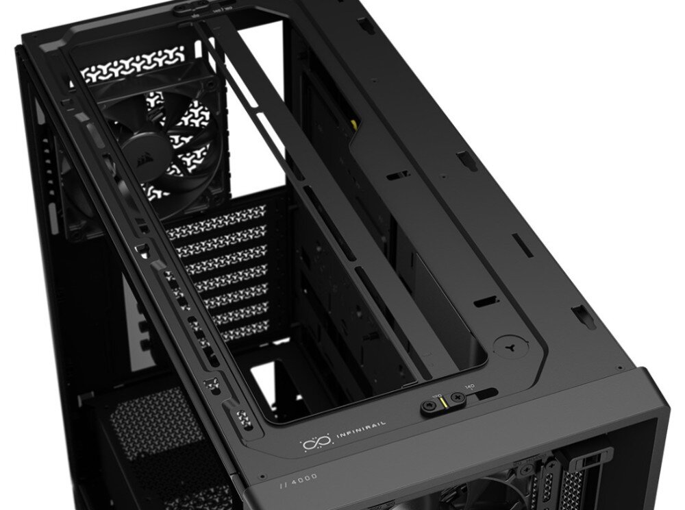 Obudowa CORSAIR Frame 4000X RS Detal górnej części konstrukcji z szyną montażową oznaczoną napisem 'INFINIRAIL' służącą do przykręcania wentylatorów