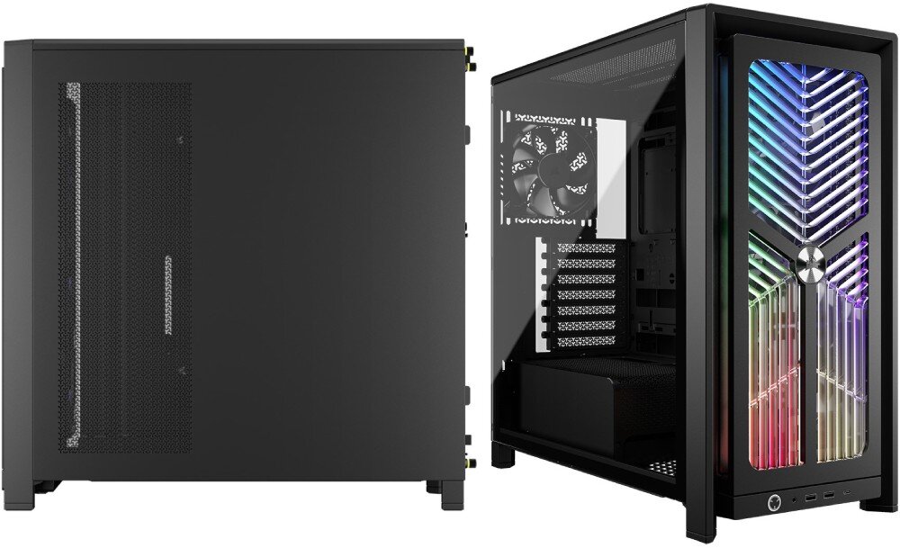 Obudowa CORSAIR Frame 4000X RS Zestawienie dwóch widoków obudowy pokazujące pełny panel boczny z siatką oraz ujęcie pod skosem z podświetlonym przodem i szklanym bokiem