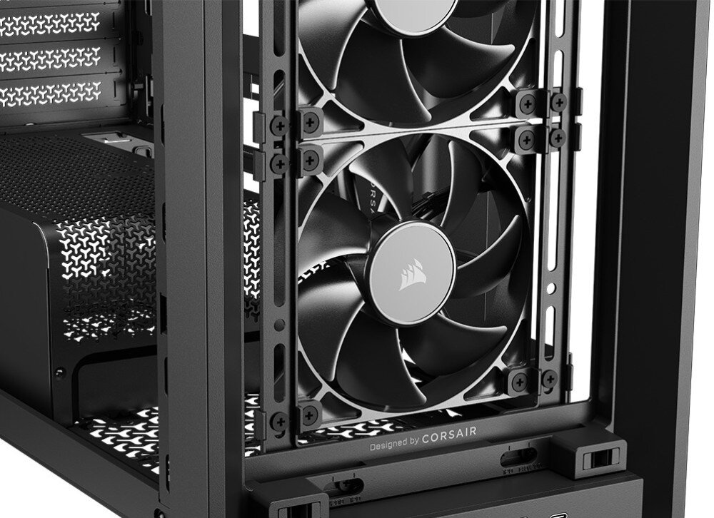 Obudowa CORSAIR Frame 4000X RS Dwa czarne wentylatory przykręcone do wewnętrznych szyn montażowych wewnątrz metalowej ramy