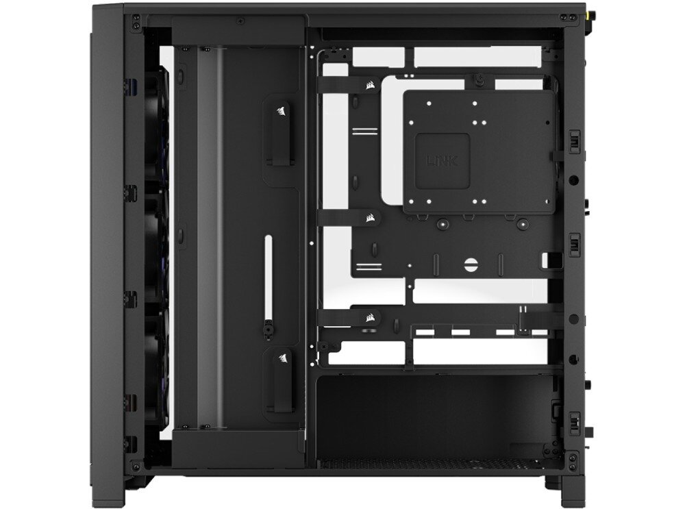 Obudowa CORSAIR Frame 4000X RS Widok boczny obudowy od strony serwisowej z zaczepami na kable, opaskami na rzep i kieszeniami na dyski