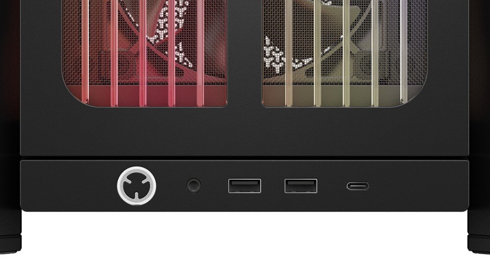 Obudowa CORSAIR Frame 4000X RS Przedni panel portów zawierający od lewej podświetlany okrągły przycisk, gniazdo audio, dwa wejścia USB oraz jedno USB-C