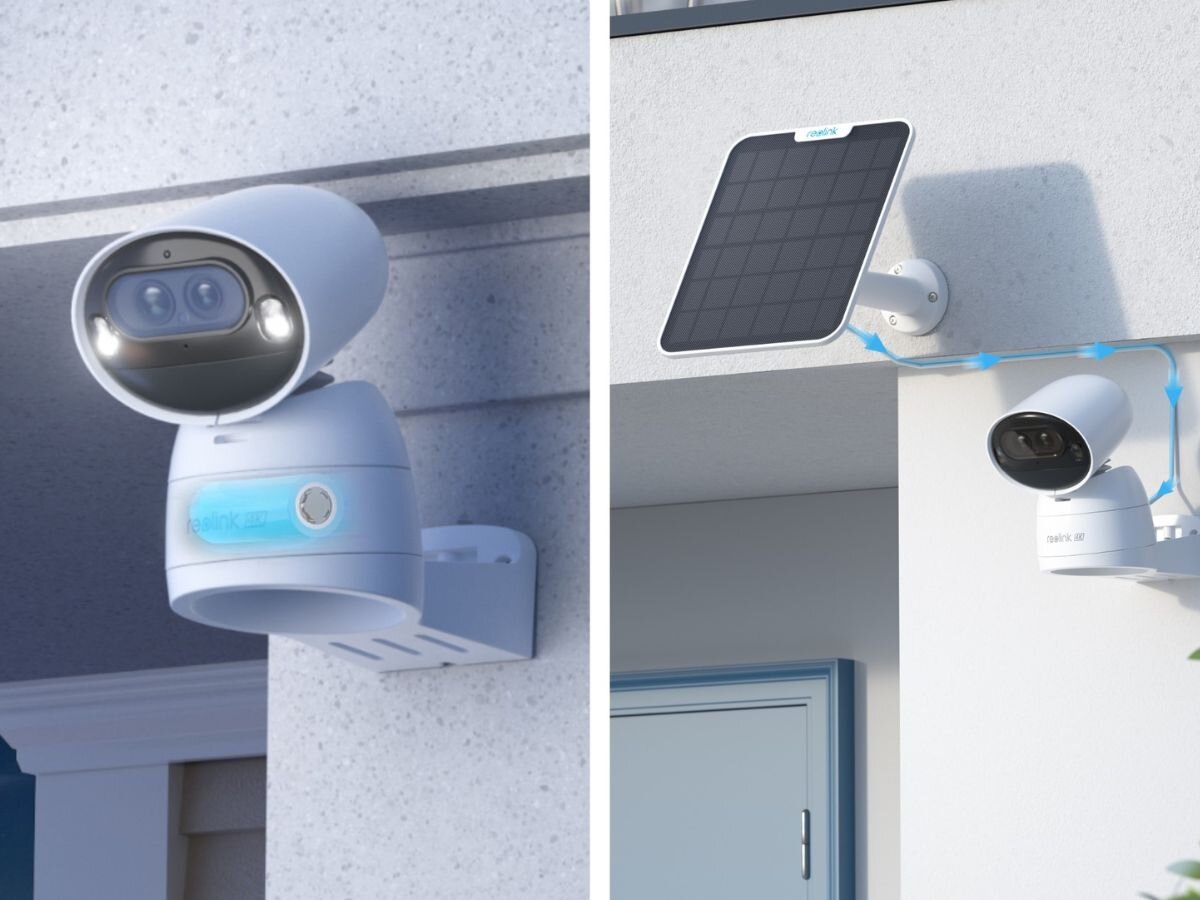 Kamera REOLINK Argus Series B730 - Zasilanie solarne, kamera umiejscowiona na elewacjic z panelem solarnym