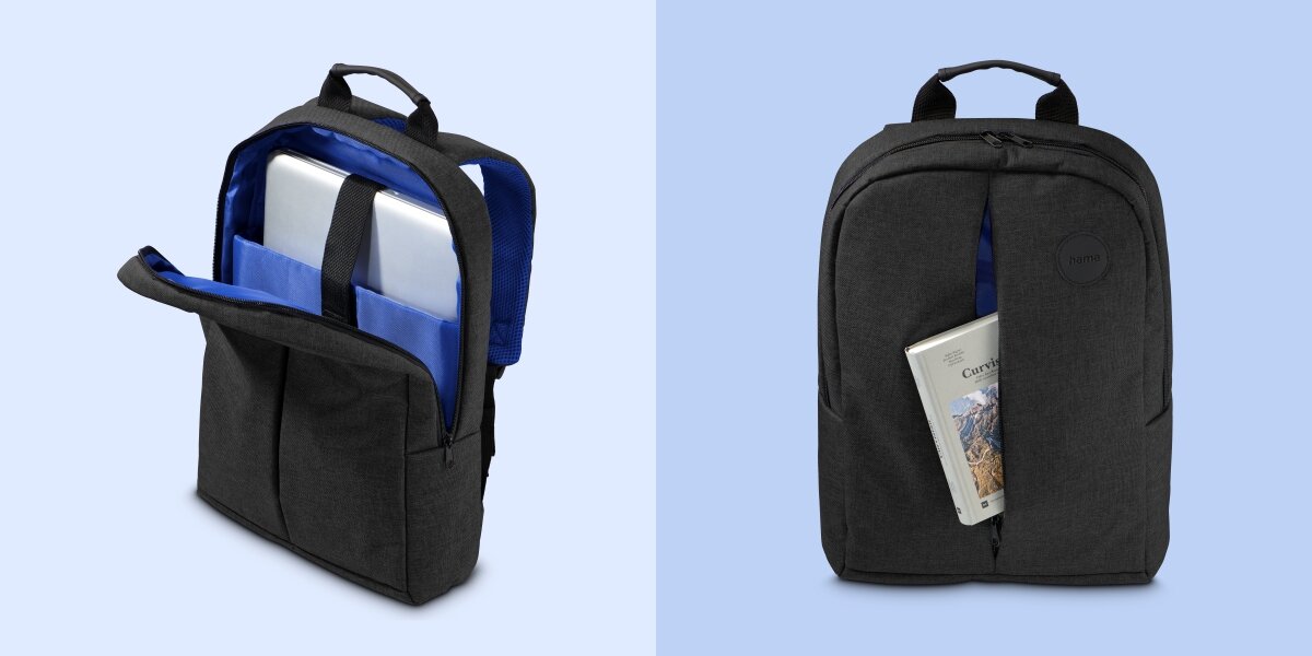 Na obrazie widoczny jest czarny plecak z otwartą komorą, w której znajduje się laptop oraz książka. Plecak ma niebieskie wnętrze i prosty design.