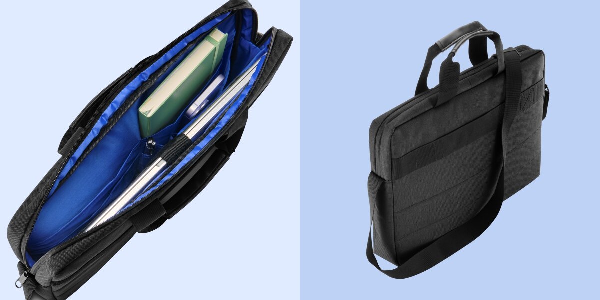 Na obrazie widoczna jest czarna torba na laptopa z uchwytami, z otwartą komorą ukazującą wnętrze w kolorze niebieskim, w którym znajdują się książka i długopis. Torba ma prosty, elegancki design z dodatkowymi kieszeniami zewnętrznymi.