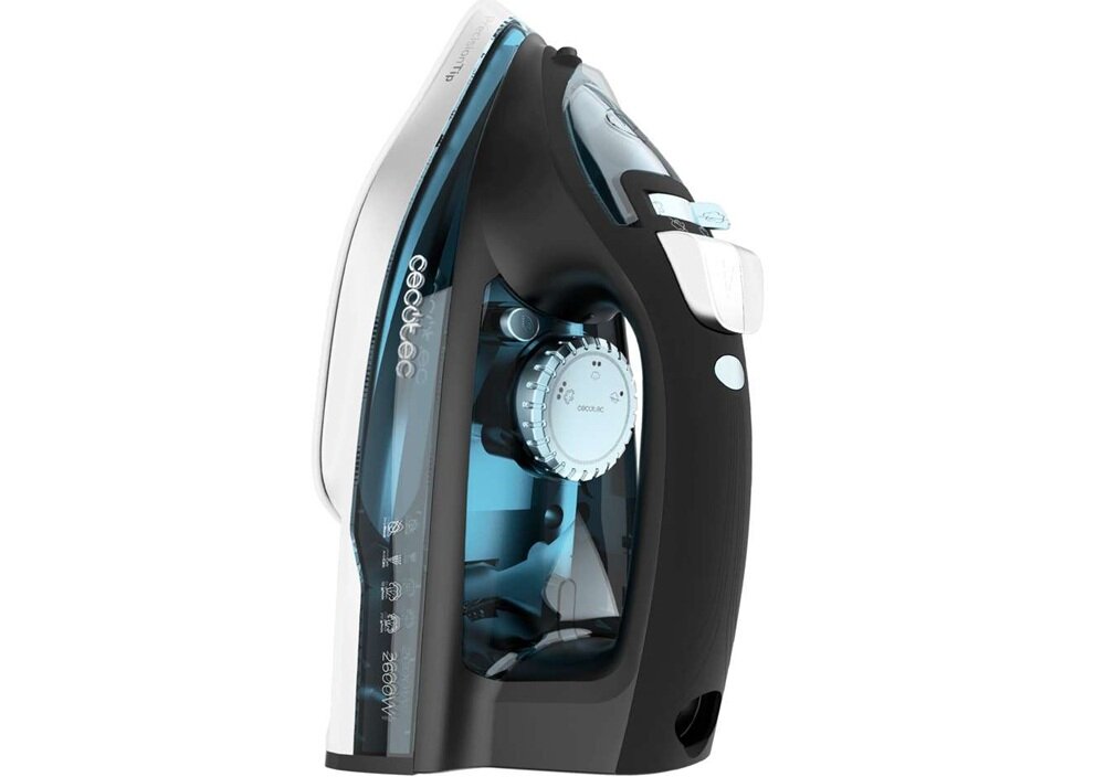 Żelazko w kolorze czarnym z przezroczystymi elementami, widoczne logo \'cecotec\' oraz oznaczenia \'2600W\'.