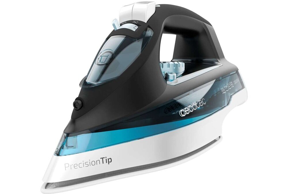 Żelazko z czarną i niebieską obudową oraz białą stopą, z widocznym logo \'cecotec\' i napisem \'PrecisionTip\'.
