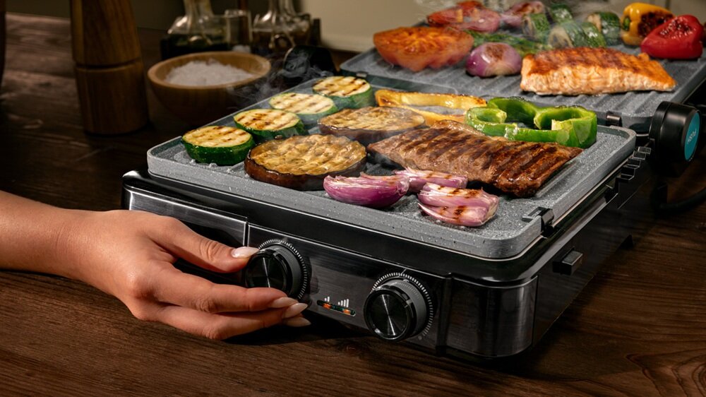Grill elektryczny CECOTEC Rock’nGrill 2200 Dual niezależna temperatura na każdej pycie, dopasowane parametry, gotowe posiłki w jednym czasie