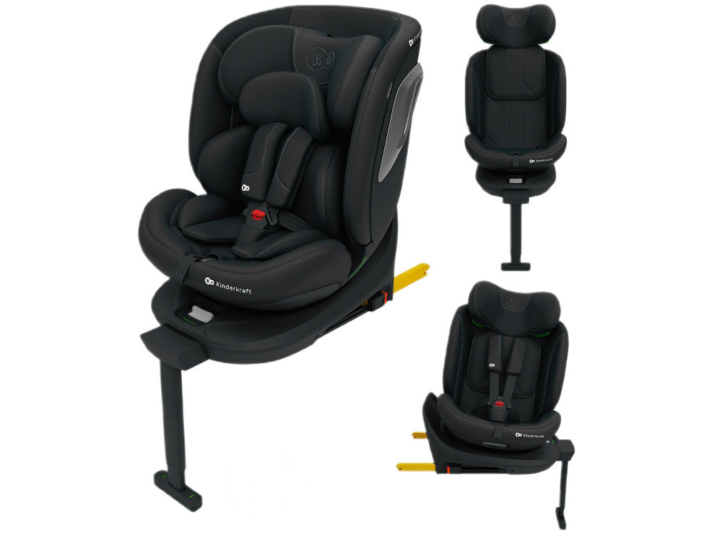 Fotelik samochodowy KINDERKRAFT I-360 2 Plus 40-150 cm (0-36 kg) Czarny białe tło fotelik w trzech ujęciach widok od przodu pod skosem od przodu i bokiem bezpieczeństwo i wygoda rośnie razem z dzieckiem dla dzieci w wieku od 0 do 12 roku życia wadze od 0 do 36 kg spełnia normy bezpieczeństwa Unii Europejskiej (R129 i-Size) przystosowany do wszystkich samochodów