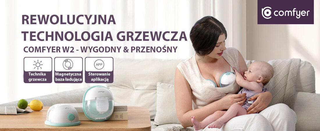 Na obrazie widoczna jest kobieta z dzieckiem, używająca laktatora COMFYER W2. Obok znajdują się dwa urządzenia na stole oraz tekst: \'REWOLUCYJNA TECHNOLOGIA GRZEWCZA COMFYER W2 - WYGODNY & PRZENOSNY\'.