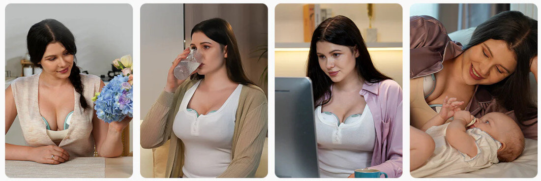 Cztery zdjęcia przedstawiają kobietę w różnych sytuacjach domowych, używającą laktatora. Na jednym z nich kobieta trzyma dziecko, a na innym pije wodę.