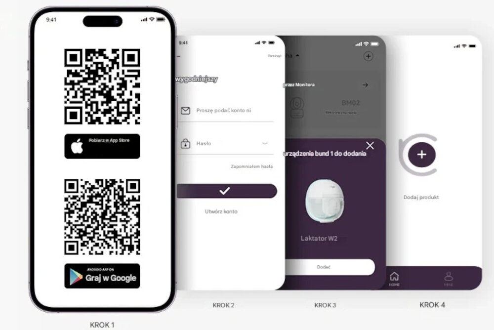 Obraz przedstawia cztery ekrany aplikacji mobilnej. Na pierwszym ekranie widoczne są dwa kody QR oraz przyciski \'Pobierz w App Store\' i \'Graj w Google\', a na trzecim ekranie znajduje się produkt \'Laktator W2\'.