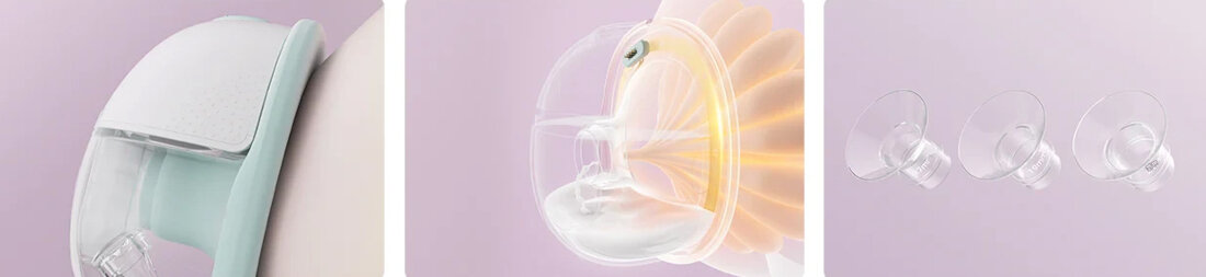 Obraz przedstawia trzy ujęcia laktatora. Widać elementy plastikowe i silikonowe w odcieniach bieli i przezroczystości na jasnym tle.