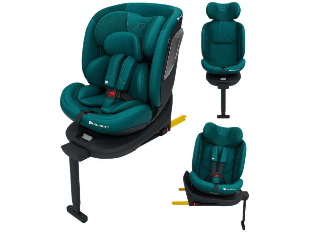 Fotelik samochodowy KINDERKRAFT I-360 2 Plus 40-150 cm (0-36 kg) Zielony białe tło fotelik w trzech ujęciach widok od przodu pod skosem zpd przodu i bokiem bezpieczna podróż dziecka fotelik na lata bezpieczeństwo wygoda