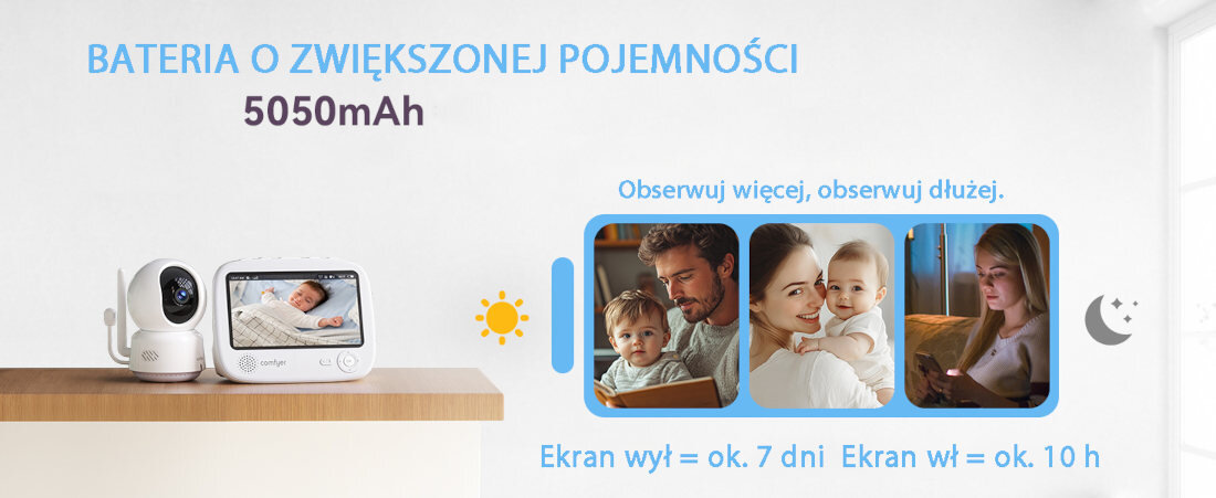 Niania elektroniczna COMFYER Baby Monitor BM02 Długi czas pracy Bateria 5050 mAh Wygaszacz ekranu