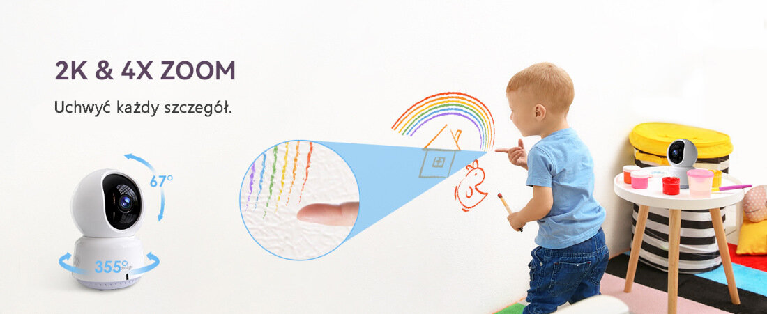 Niania elektroniczna COMFYER Baby Monitor BM02 Stała kontrola dziecka wyraźny obraz 2K 4-krotny zoom optyczny Dedykowany monitor 5 aplikacja mobilna