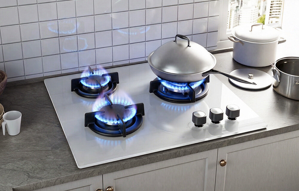Płyta gazowa ISEASY MGBG-603 Płyta gazowa prezentuje trzy palniki pracujące jednocześnie, oferując wygodę przygotowywania kilku potraw naraz. Jasna powierzchnia tworzy eleganckie tło dla garnków i naczyń ustawionych wokół regulacja mocy płomień smażenie gotowanie podgrzewanie