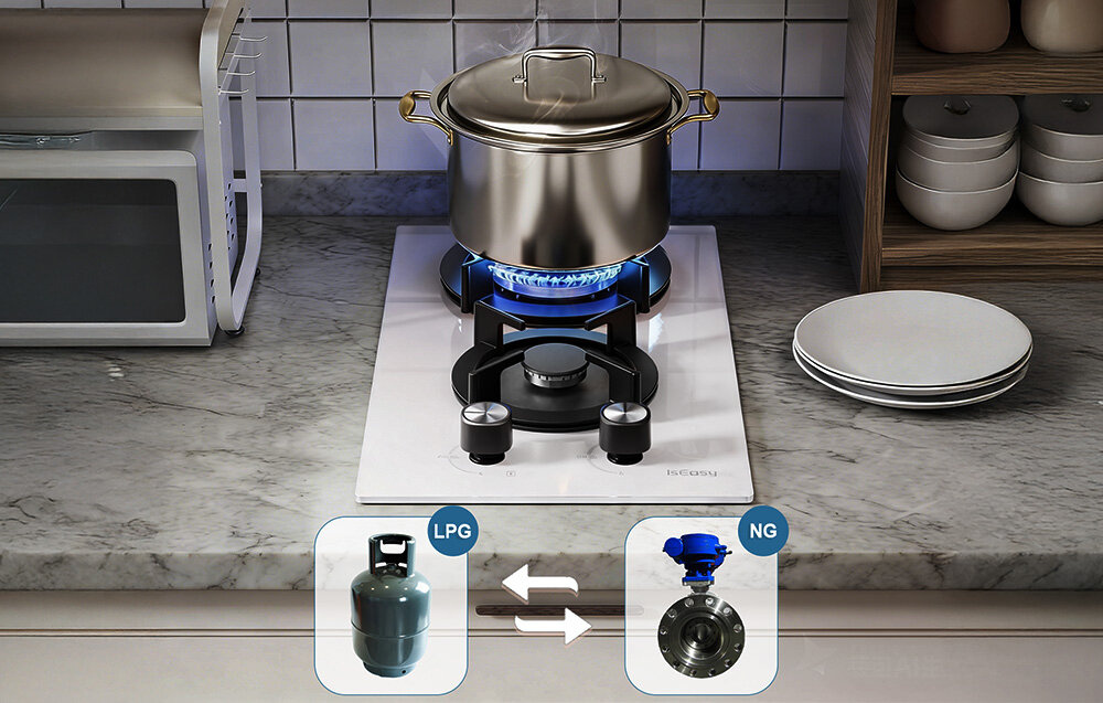 Płyta gazowa ISEASY MGBG-312A Kuchenka gazowa pracuje na butli LPG lub gazie ziemnym, co pokazują dwie ikony z kierunkową strzałką. Garnek na palniku podkreśla możliwość wygodnego gotowania przy obu rodzajach zasilania smażenie duszenie podgrzewanie wysoka temperatura