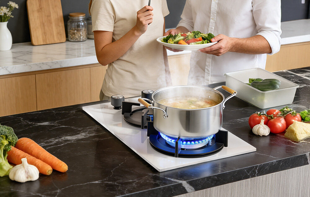 Płyta gazowa ISEASY MGBG-312A Podczas gotowania dwie osoby przygotowują posiłek w przyjemnej, domowej atmosferze. Garnek na dużym palniku podkreśla moc płomienia i wygodę pracy przy większych potrawach pokrętła regulacja płomienia precyzja komfort