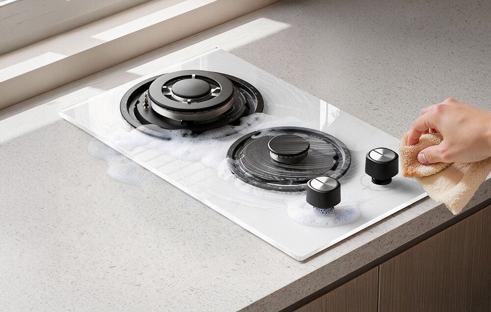 Płyta gazowa ISEASY MGBG-312A Ktoś czyści płytę gazową zwilżoną ściereczką, co pokazuje łatwość usuwania zabrudzeń z gładkiej powierzchni. Spieniona woda na płycie podkreśla prostotę pielęgnacji szkło czyszczenie gładka powierzchnia estetyka