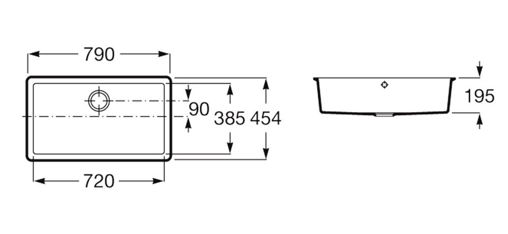 Rysunek techniczny zlewozmywaka jednokomorowego z wymiarami: szerokość 790 mm, głębokość 195 mm, oraz wewnętrzne wymiary 720 mm na 454 mm. Widoczne są również oznaczenia otworu na odpływ i dodatkowe wymiary 90 mm i 385 mm.