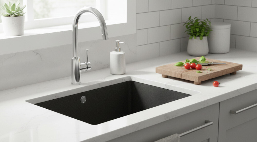 Czarny zlewozmywak jednokomorowy w białym blacie kuchennym z chromowaną baterią. Obok znajduje się deska do krojenia z pomidorami i ziołami oraz dozownik na mydło.
