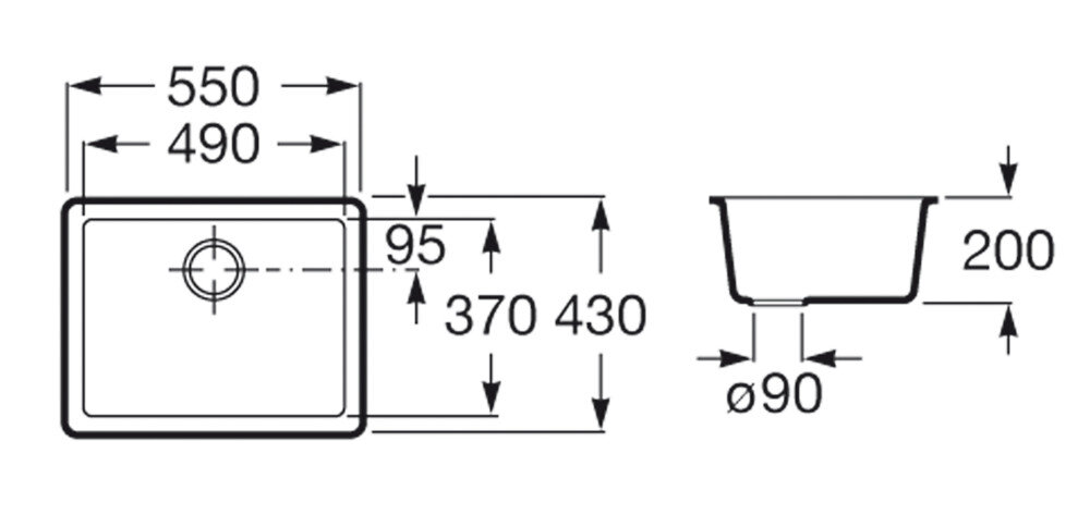Schemat zlewozmywaka jednokomorowego z wymiarami: szerokość 550 mm, głębokość 490 mm, wysokość 200 mm. Otwór odpływowy o średnicy 90 mm, z dodatkowym oznaczeniem wysokości 95 mm, 370 mm i 430 mm.