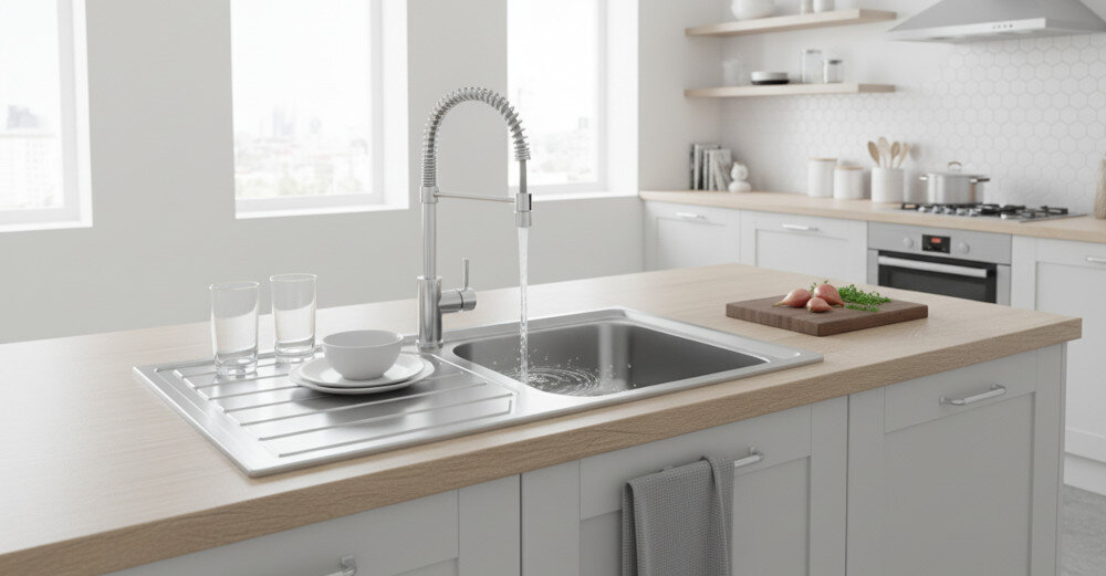 ZLEWOZMYWAK ROCA GLASGOW 80 A874801C01 STAL NIERDZEWNA Zlewozmywak z ociekaczem został osadzony w jasnym, drewnianym blacie i wyposażony w wysoką baterię ze sprężyną, co podkreśla charakter kuchni. Na ociekaczu ustawiono szklanki i filiżankę, a całość pokazuje praktyczne wykorzystanie strefy zlewu w codziennych czynnościach