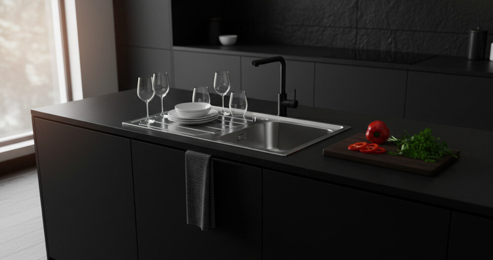 ZLEWOZMYWAK ROCA GLASGOW 80 A874801C01 STAL NIERDZEWNA Zlewozmywak z ociekaczem został zaprezentowany w eleganckiej, ciemnej zabudowie kuchennej, gdzie stalowa powierzchnia kontrastuje z matową czernią blatu i frontów. Starannie ułożone naczynia, czarna bateria oraz deska z warzywami podkreślają charakter kuchni i funkcjonalne wykorzystanie strefy zlewu zlew stalowy trwały łatwe czyszczenie gładka powierzchnia