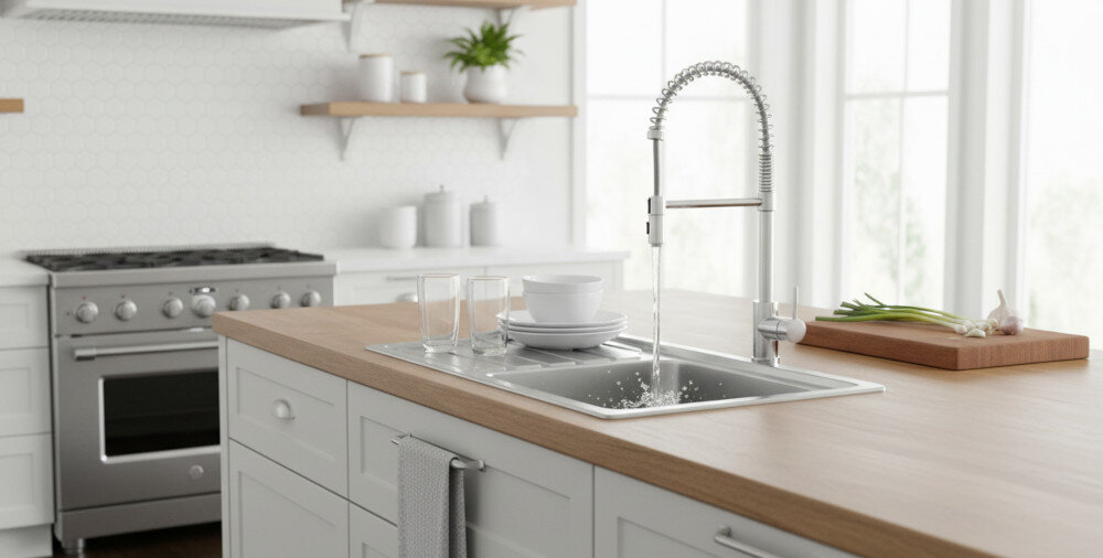 ZLEWOZMYWAK ROCA GLASGOW 80 A874801C01 STAL NIERDZEWNA Ujęcie prezentuje ten sam model zlewu w kuchennej wyspie, z widokiem na komorę w trakcie spłukiwania wodą, co akcentuje jej głębokość i funkcjonalność. W tle widoczna jest spójna, jasna zabudowa kuchenna oraz blat roboczy z deską i warzywami, podkreślające ergonomię przestrzeni zlew z ociekaczem ergonomia kuchni organizacja przestrzeni