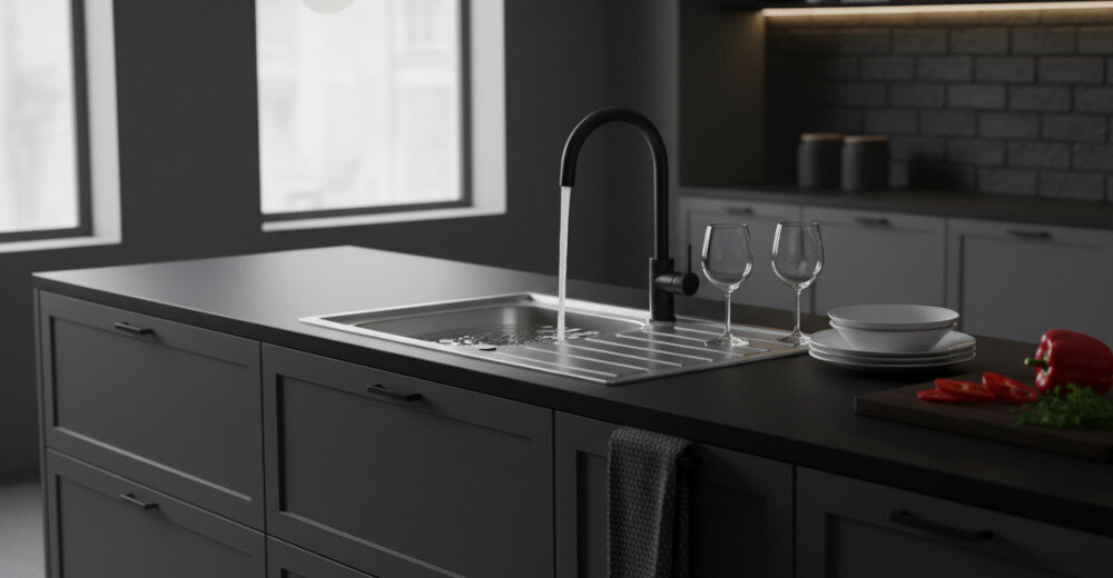 ZLEWOZMYWAK ROCA GLASGOW 80 A874801C01 STAL NIERDZEWNA Zlewozmywak z ociekaczem został umieszczony w ciemnej zabudowie kuchennej z wyspą, gdzie stal harmonijnie kontrastuje z czarnym blatem i matowymi frontami. Woda płynąca z wysokiej, czarnej baterii oraz ustawione naczynia i akcesoria podkreślają funkcjonalność strefy zlewu i jej dopasowanie do codziennych prac kuchennych zlew z otworem na baterię szybki montaż precyzyjne dopasowanie