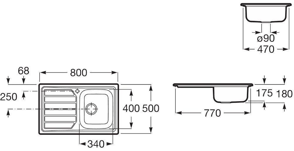 ZLEWOZMYWAK ROCA GLASGOW 80 A874801C01 STAL NIERDZEWNA Rysunek techniczny przedstawia dokładne wymiary zlewozmywaka z ociekaczem, zarówno w widoku z góry, jak i z boku. Schemat ułatwia precyzyjne zaplanowanie montażu, pokazując szerokość, głębokość oraz średnicę odpływu kolor typ wymiary komora