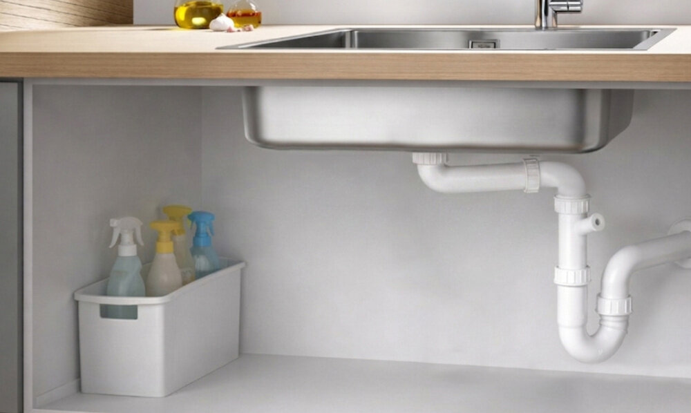 SYFON ROCA DO ZLEWOZMYWAKÓW 1-KOMOROWYCH A506405607 Widok wnętrza szafki pod zlewem z widocznym syfonem i rurami odpływowymi. Po lewej stronie znajduje się pojemnik z butelkami środków czystości