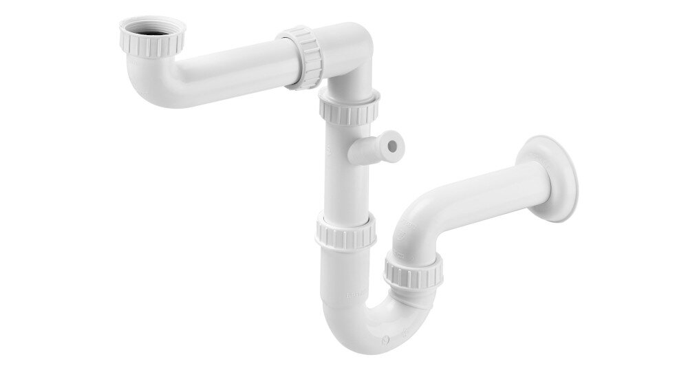 SYFON ROCA DO ZLEWOZMYWAKÓW 1-KOMOROWYCH A506405607 Produktowe ujęcie białego syfonu rurowego z elementami montażowymi. Zdjęcie na jednolitym tle prezentuje budowę i kształt instalacji odpływowej oszczędzający miejsce do zlewozmywaka jednokomorowego z możliwością podłączenia zmywarki duży przepływ 54 l/min wymiar 47,5 × 10 × 24 cm seria Aqua