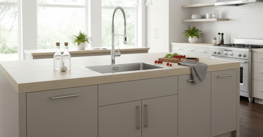 ZLEWOZMYWAK ROCA ROMA 70 A870P10700 STAL NIERDZEWNA Przedstawiono wyspę kuchenną z dużym zlewozmywakiem i wysoką baterią typu semi‑profesjonalnego. Jasne wnętrze, naturalne światło i minimalne dodatki tworzą elegancką, przestronną aranżację zlew kuchenny stalowy duża misa łatwe czyszczenie 200 mm głębokość