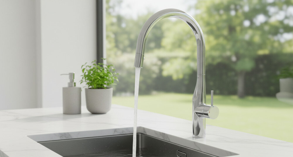 BATERIA KUCHENNA ROCA GLERA A5A814DC00 CHROM Na zdjęciu widać srebrną baterię kuchenną z wysoką, łukowatą wylewką, zamontowaną nad zlewem przy dużym oknie. Chromowane wykończenie i strumień wody podkreślają funkcjonalność oraz minimalistyczny styl kuchni