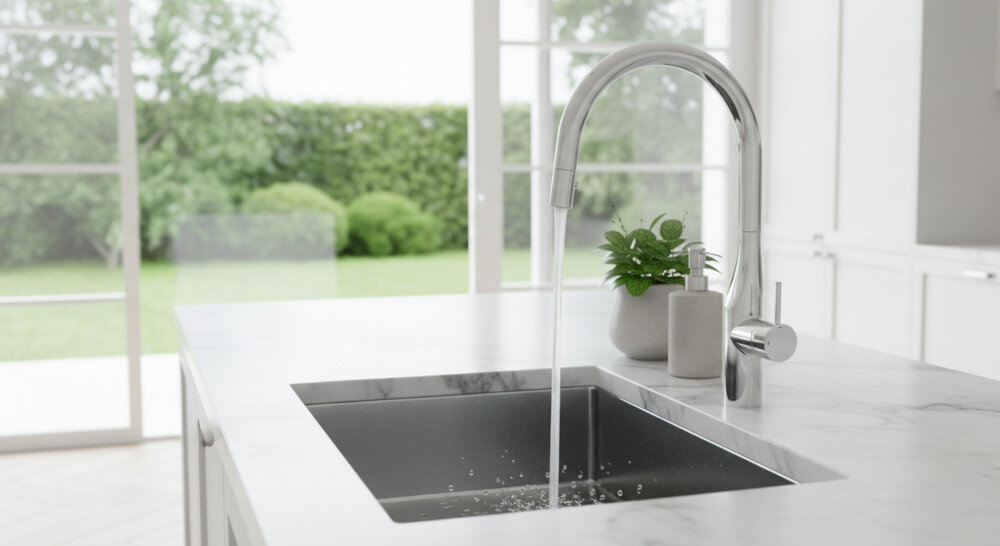 BATERIA KUCHENNA ROCA GLERA A5A814DC00 CHROM Na zdjęciu widoczna jest bateria kuchenna z wysoką, łukowatą wylewką, zamontowana nad zlewem w jasnej kuchni z dużymi oknami. Strumień wody spływa do ciemnej komory zlewu, a minimalistyczna aranżacja podkreśla czystość i elegancję wnętrza dwa strumienie strumień prysznicowy standardowy