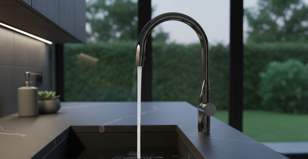 BATERIA KUCHENNA ROCA GLERA A5A814DC00 CHROM Na zdjęciu widoczna jest bateria kuchenna w ciemnym wykończeniu, zamontowana nad zlewem w minimalistycznej kuchni. Strumień wody spływa do komory zlewu, a całość oświetla nastrojowe światło, z widokiem na zieleń za dużym oknem ceramiczna głowica soft turn płynna regulacja wody precyzyjna kontrola strumienia trwała głowica komfort użytkowania