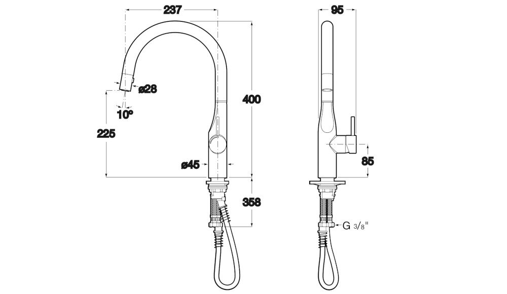 BATERIA KUCHENNA ROCA GLERA A5A814DC00 CHROM Rysunek techniczny baterii kuchennej kolor typ rodzaj wymiary
