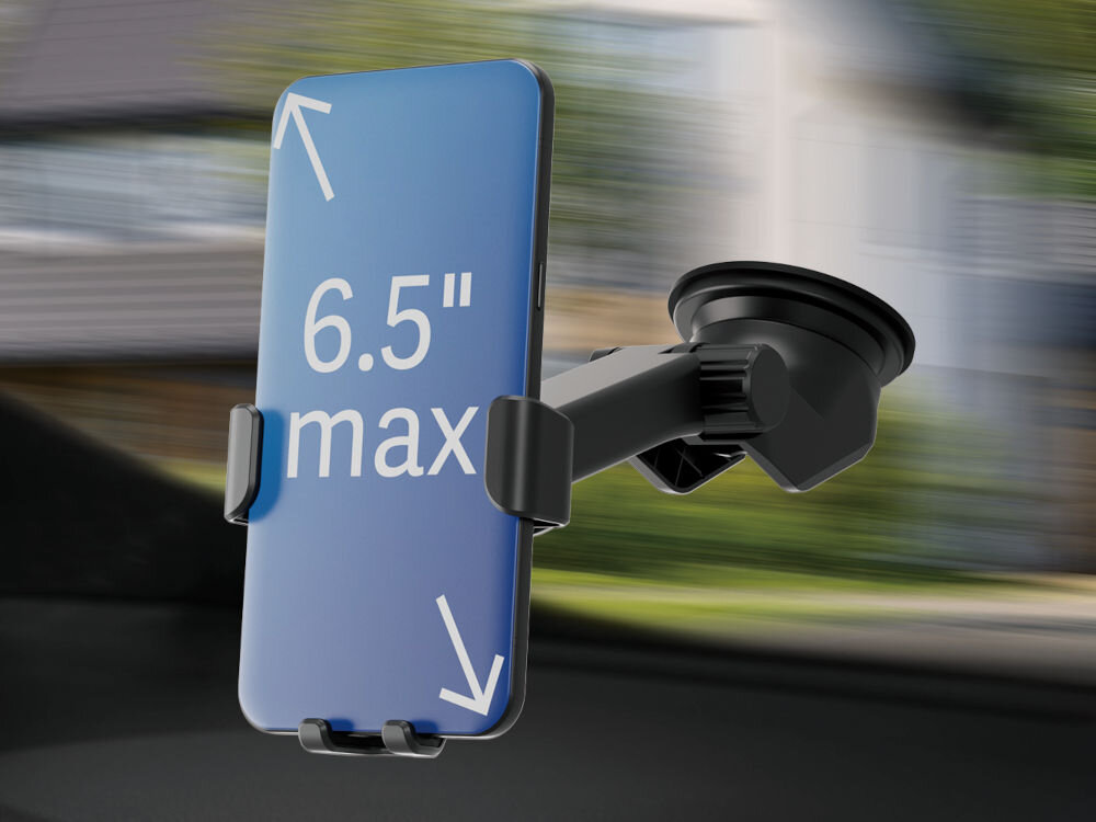 Czarny uchwyt samochodowy na szybę trzyma telefon z napisem \'6.5\