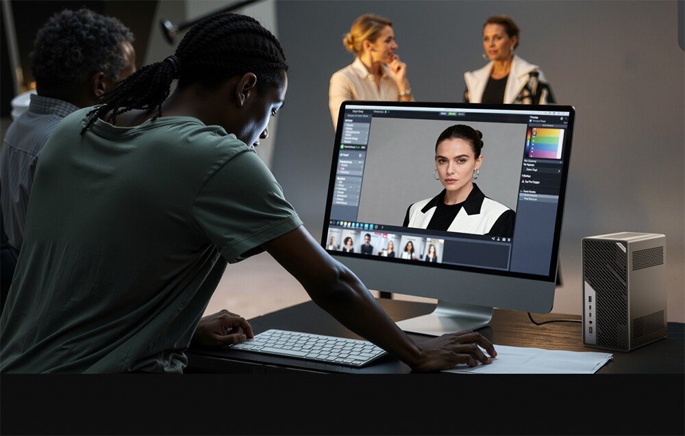 Komputer MINISFORUM MS-02 Mężczyzna pracuje przy komputerze stacjonarnym, edytując portret kobiety na monitorze w studiu fotograficznym