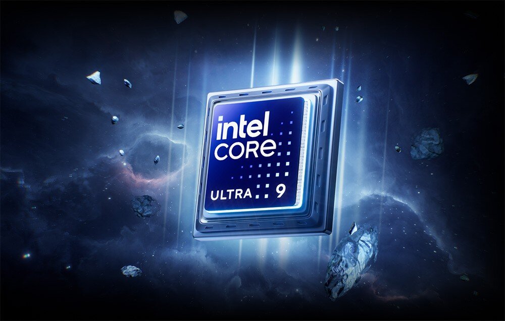 Komputer MINISFORUM MS-02 Procesor Intel Core Ultra 9 przedstawiony w kosmicznej scenerii z unoszącymi się odłamkami