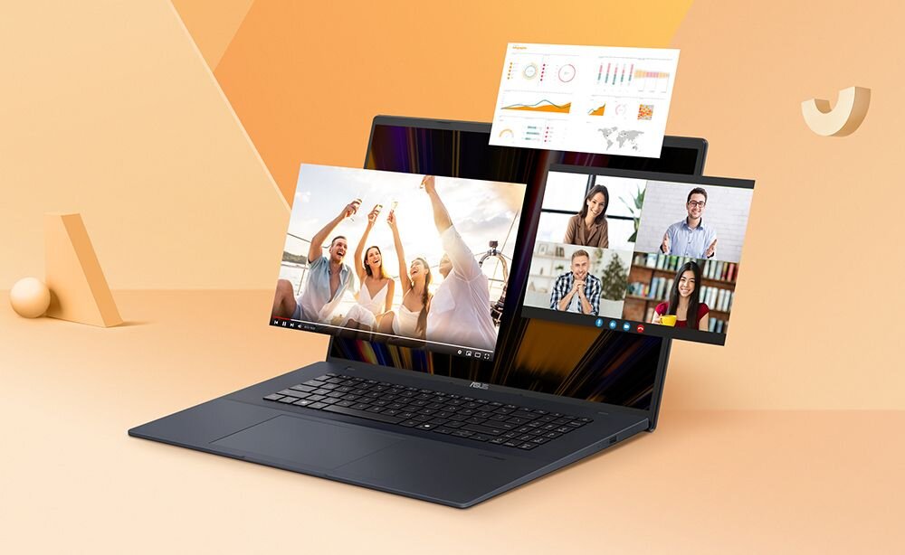 Laptop z dużym ekranem, na którym wyświetlane są różne aplikacje, w tym wideokonferencja i przeglądarka zdjęć. Tło jest w odcieniach pomarańczowych, a na laptopie widoczne jest logo ASUS.