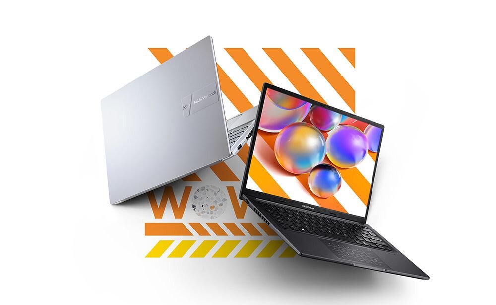 Dwa laptopy ASUS VivoBook 14 pokazane pod różnymi kątami na jasnym tle jako sprzęt do pracy i nauki 