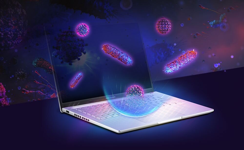 Laptop ASUS VivoBook 14 z powłoką ASUS Antimicrobial Guard Plus ilustruje ochronę powierzchni podczas codziennej pracy - ASUS Antimicrobial Guard Plus 