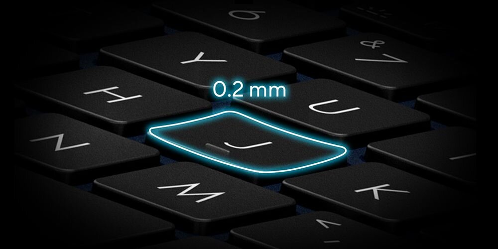 Zbliżenie na klawiaturę laptopa ASUS VivoBook 14 pokazuje precyzyjne klawisze o dopracowanym profilu do pracy biurowej - Precyzyjne klawisze 0,2 mm 
